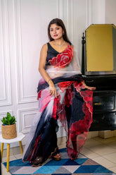 Raven digital black rose printed pure organza saree